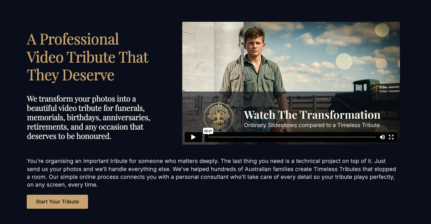 Timeless Tributes AI Pty Ltd: End-to-End Memorial Tribute Platform